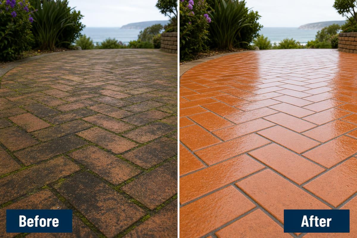 Brick paving before and after pressure washing by Squeegee Squad